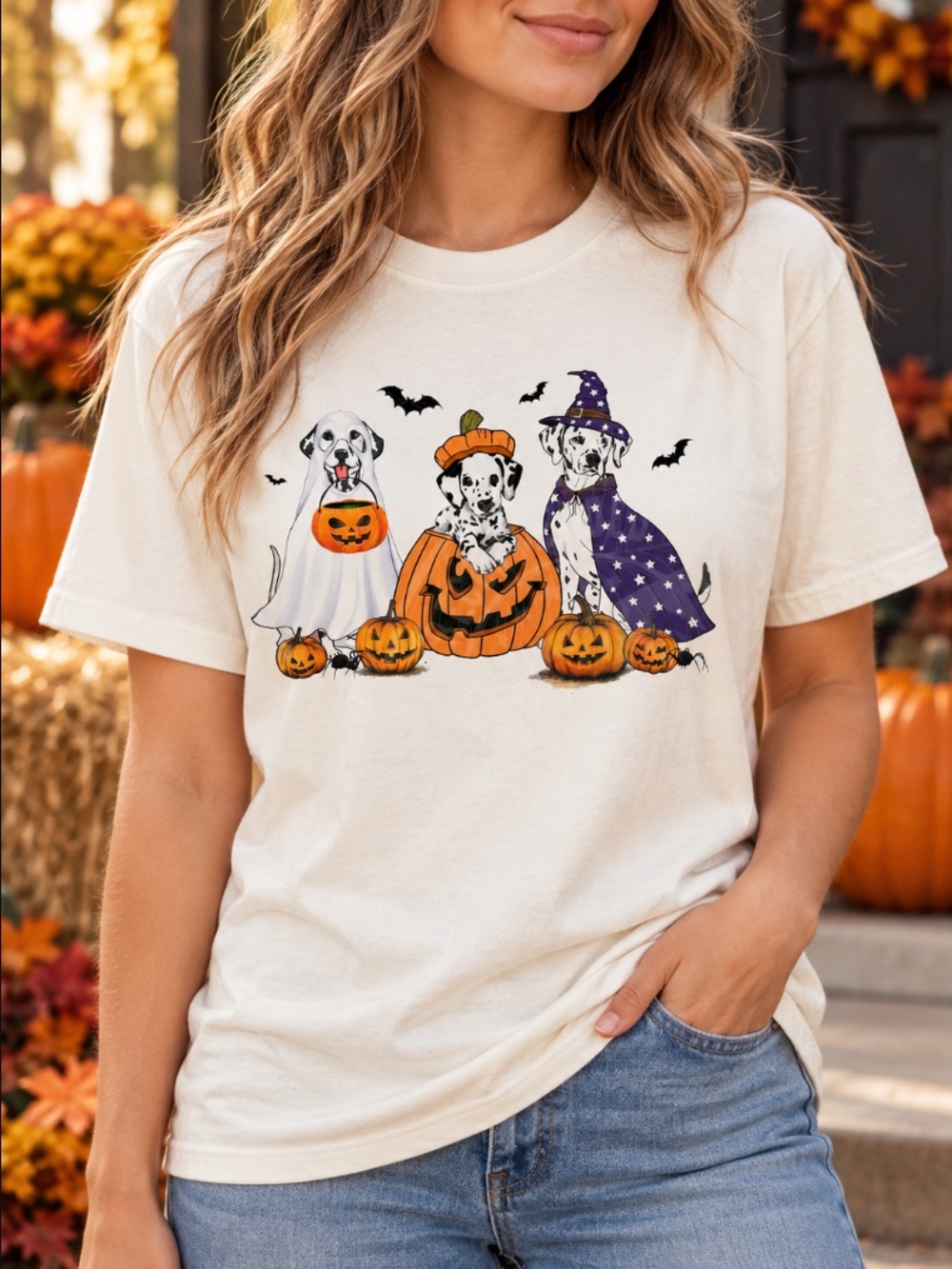 Halloween Dalmatian Dog Graphic Tee Ghost Pumpkin Spooky Season Shirt